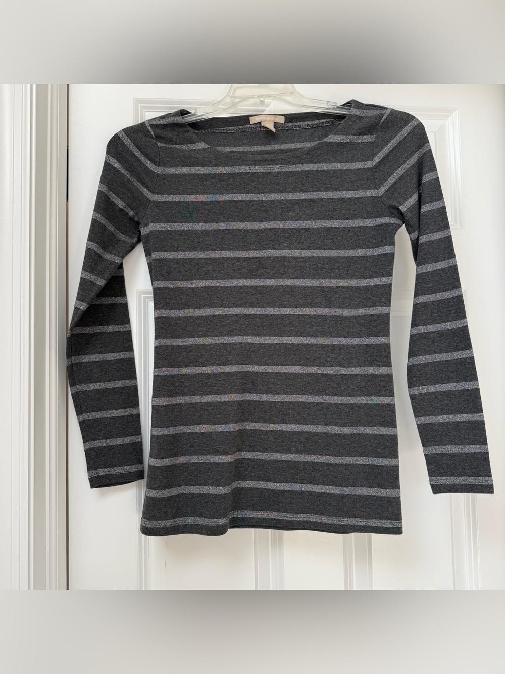 Banana Republic gray and silver striped long-sleeve knit top. Size S